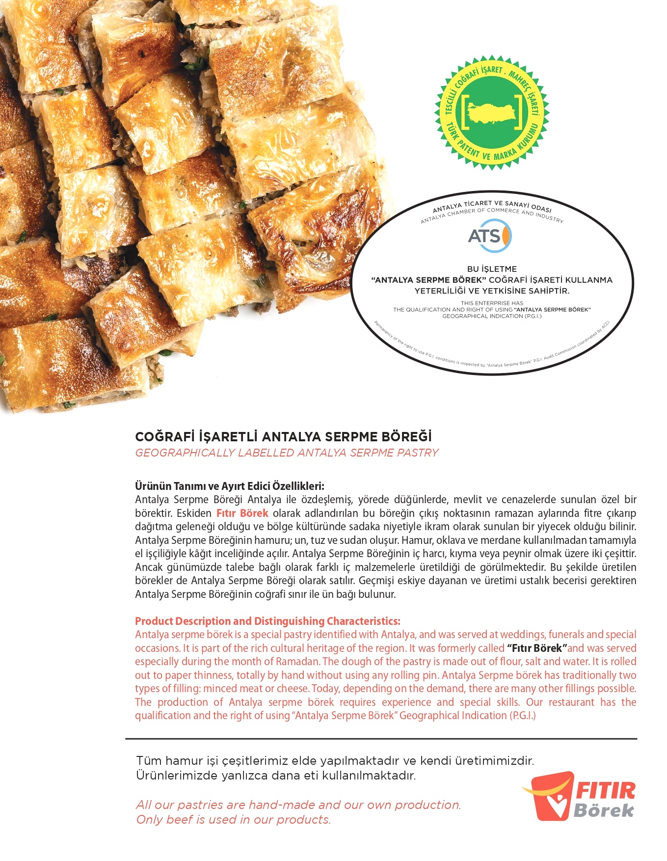 Fıtır Börek restoran menüsünden bir sayfa